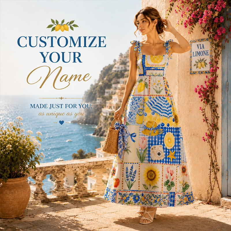 Personalized Mediterranean Lemon Floral Patchwork Bow Tie Strap Square Neck Maxi Dress Blue Gingham Sunflower Fruit Tile Spliced Print Tie Shoulder Long Sundress