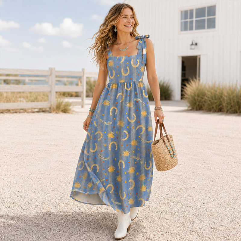 Personalized Vintage Blue Background Boho Sun Horseshoe Pattern Tie Shoulder Flowy A Line Long Sundress For Countryside Picnic Resort Wedding Guest Outfit