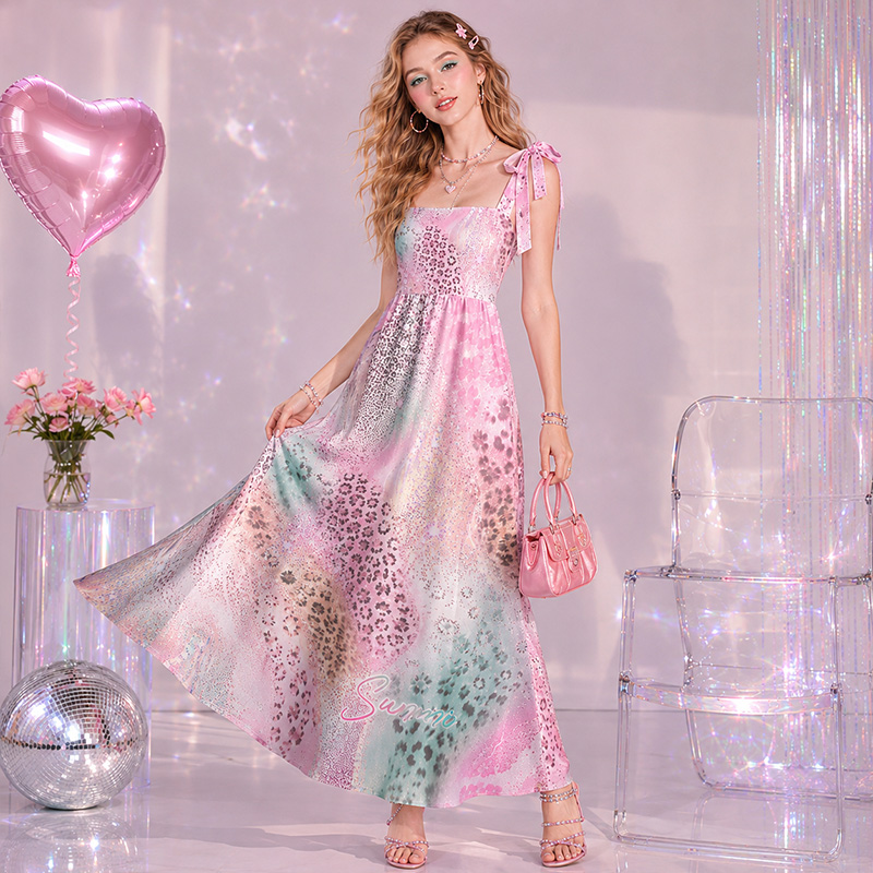 Personalized Shiny Satin Ombre Leopard Flower Collage Print Bow Strap Floor Length Dress For Summer Holiday Night Out Travel