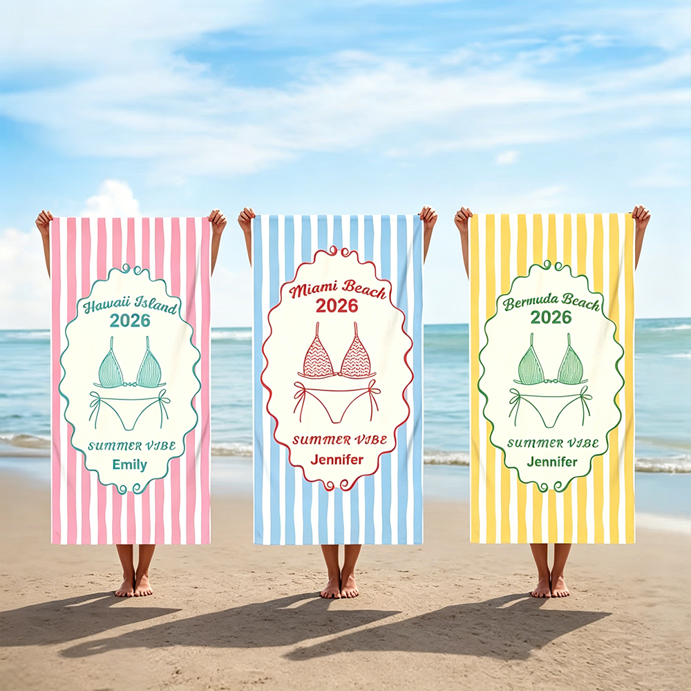 Personalized Multicolor Bikini Stripe Soft Quick Dry Beach Towel with Location Year Text Name Beach Party Birthday Gift for Women