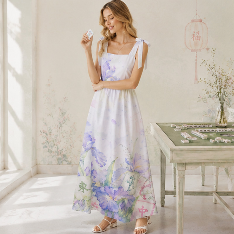Personalized Watercolor Iris Mahjong Bow Strap Oriental Vacation Maxi Dress Pastel Ink Floral Mahjong Satin Summer Sundress Mahjong Style Purple Iris Square Neck Long Dress