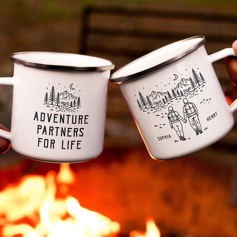 Personalized Adventure Partners For Life Camping Enamel Mug Custom Couple Hiking Travel Cup Anniversary Wedding Gift For Husband Wife