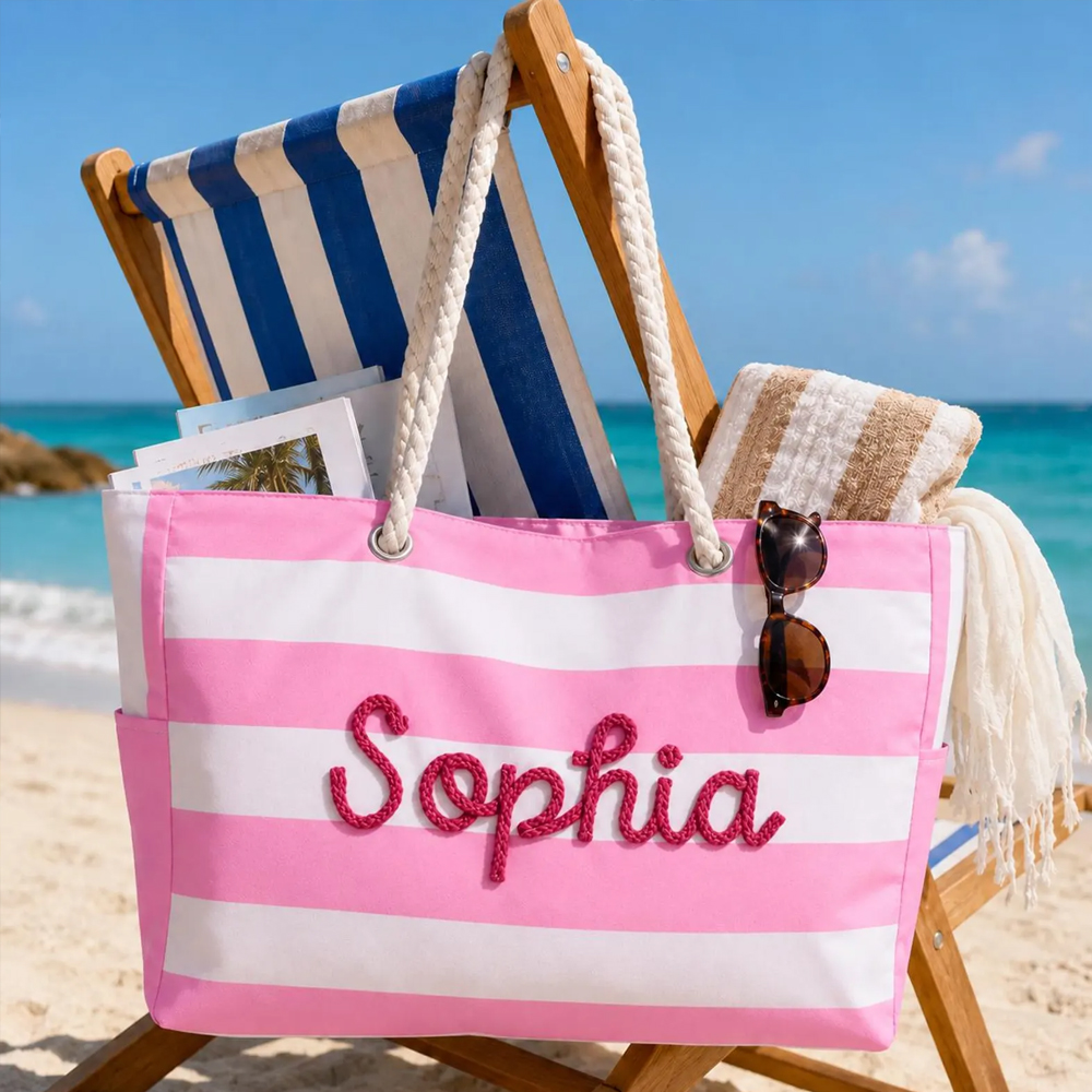  Personalized Waterproof Pool Tote Custom Beach Bag with Zipper Embroidered Girls Trip Striped Canvas Tote Bag Summer Vacation Gift for Her