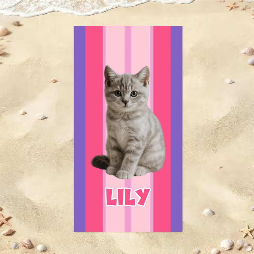 Personalized Multicolor Vertical Stripes Photo Quick Dry Oversized Beach Towel with Name Beach Party Birthday Gift for Family Pet Lovers