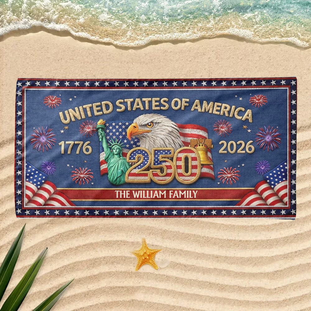 Personalized Beach Towel Faux Embroidery Effect America 250th Anniversary Family Name