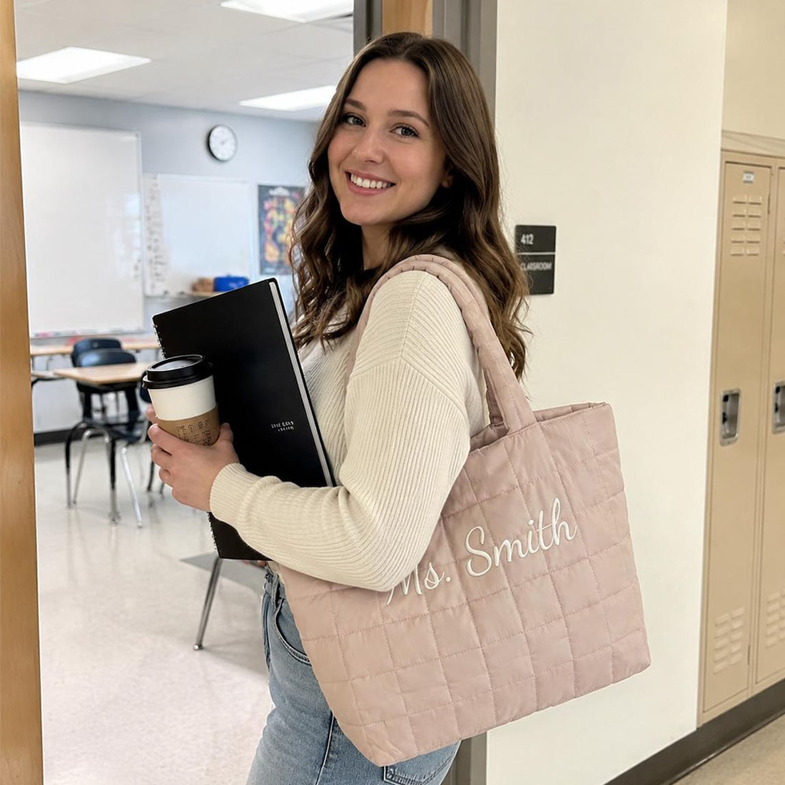 Personalized Crochet Tool Storage Tote Bag, Nylon Quilted Tote Bag, Custom Embroidered Name Shoulder Tote