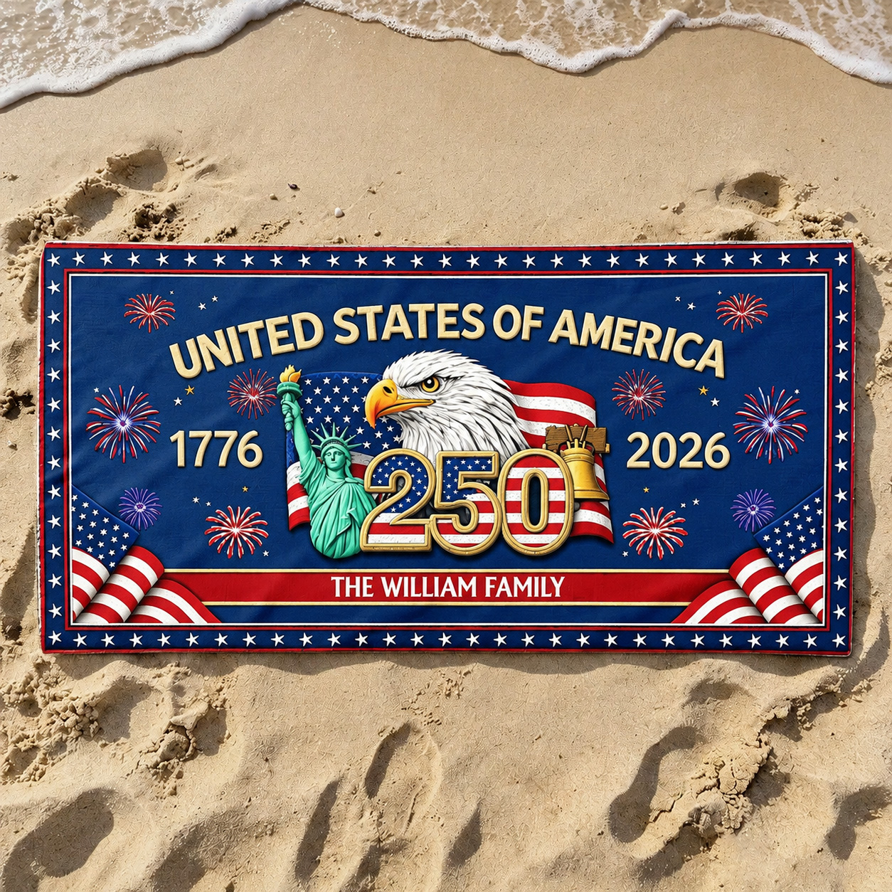 Personalized Beach Towel Custom Photo Watercolor With US Accessories 250th Anniversary Forth Of July