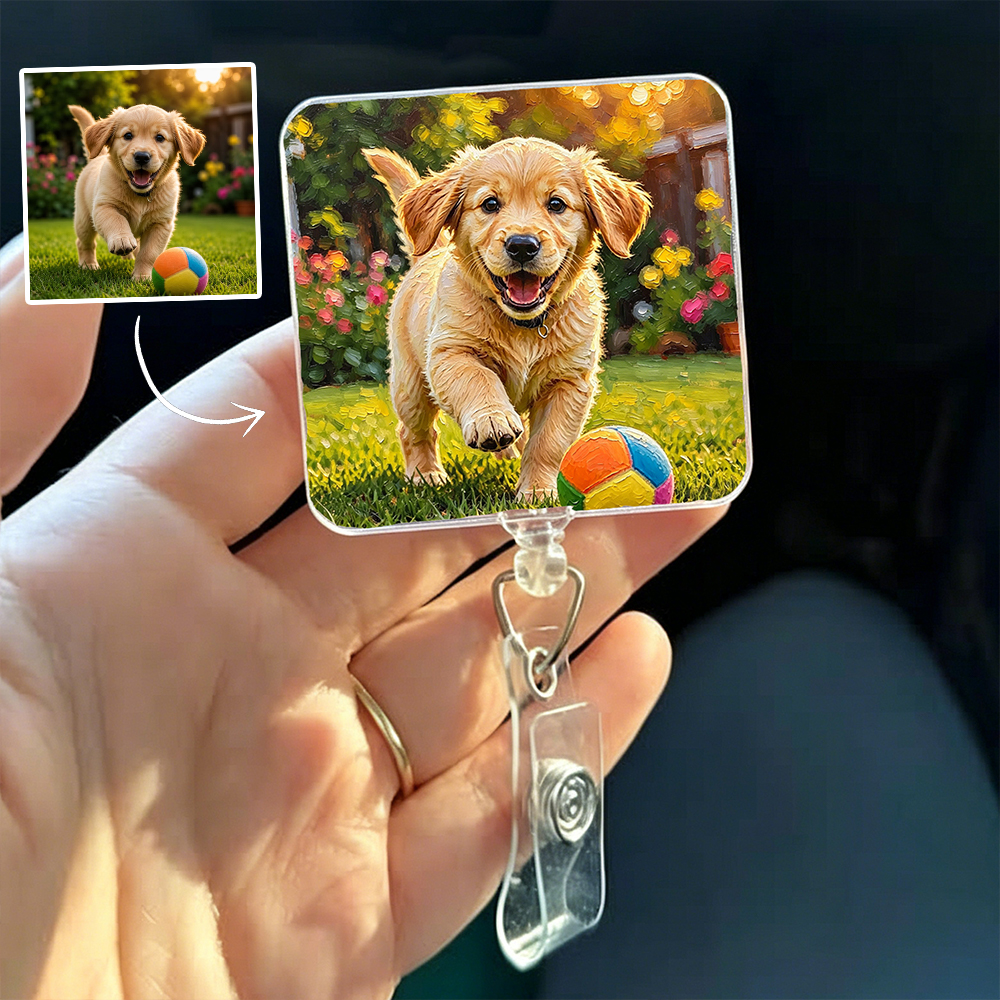 Personalized Pet Badge Reel Oil Painting Style Custom Pet Photo Gift for Pet Lovers