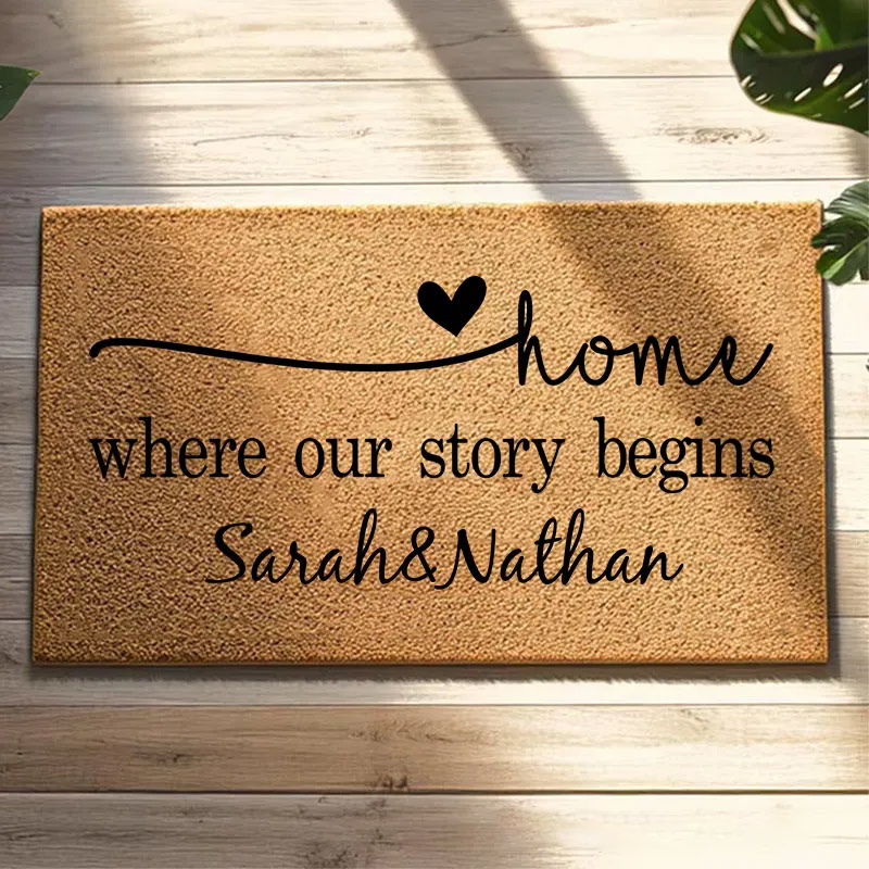 Personalized Home Where Our Story Begins Doormat Custom Names Design Housewarming Gift Welcome Mat Indoor Outdoor Home Decor Front Door Rug