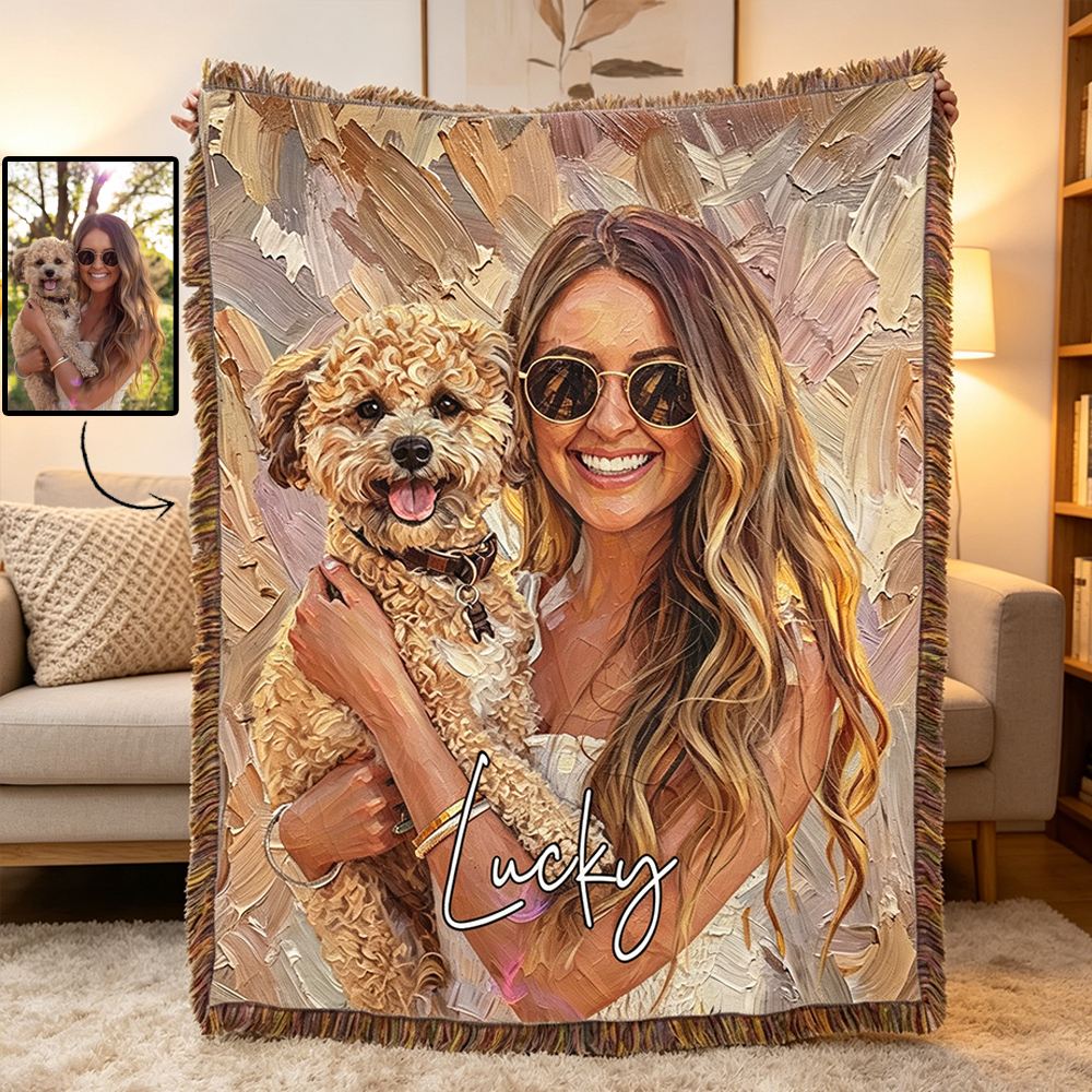 Personalized Pet Oil Painting Photo Tassel Soft Throw Blanket with Name Home Decor Birthday Gift for Pet Lover