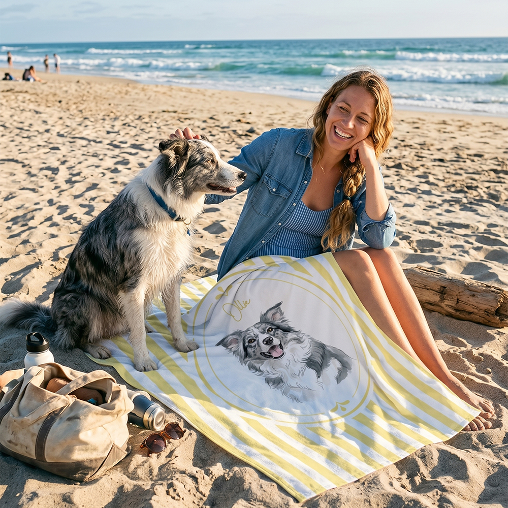 Personalized Pet Beach Towel Custom Pet Portrait Watercolor Striped Pattern with Name Gift for Pet