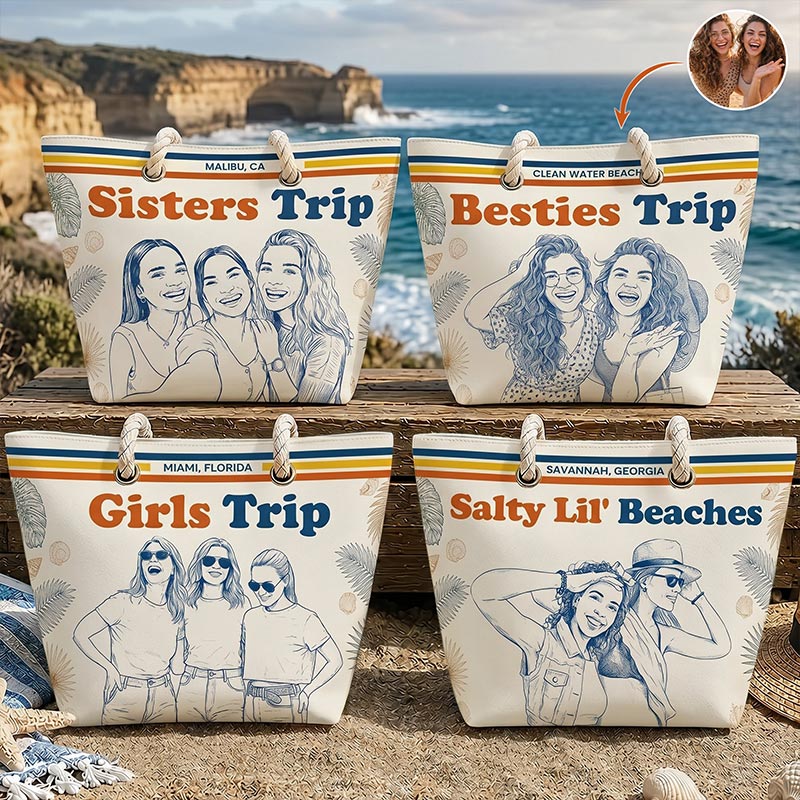 Personalized Beach Bag Besties Girls Trip Summer Gift For Friends Soul Sisters Sketch Line Art Photo Bag Traveling Lover Gifts