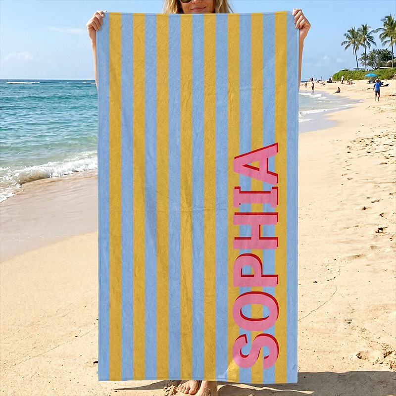 Personalized Summer Vibes Beach Towel with Striped Monogram Name Beach Towel Gift for Traveling Lovers
