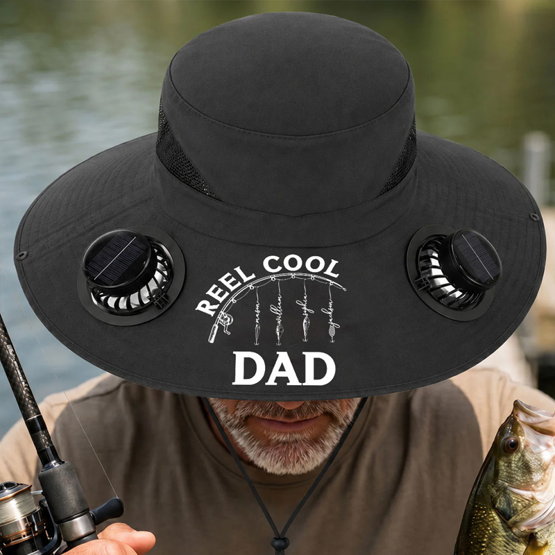 Personalized Reel Cool Dad Solar Fan Hat with Kids Names Custom Gift for Dad Fishing Lover Gifts