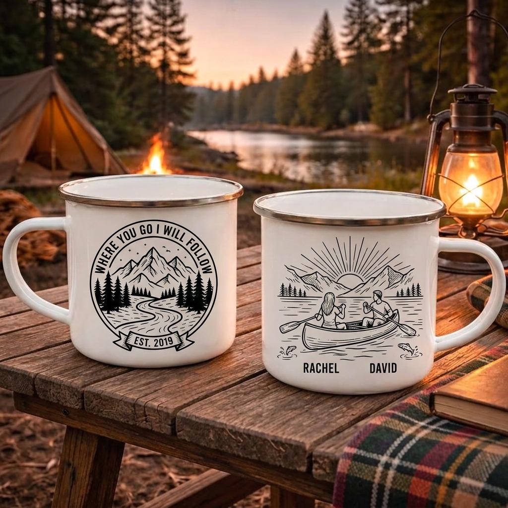 Personalized Where You Go I Will Follow Enamel Mug Custom Couple Hiking Travel Cup Anniversary Wedding Gift For Husband Wife