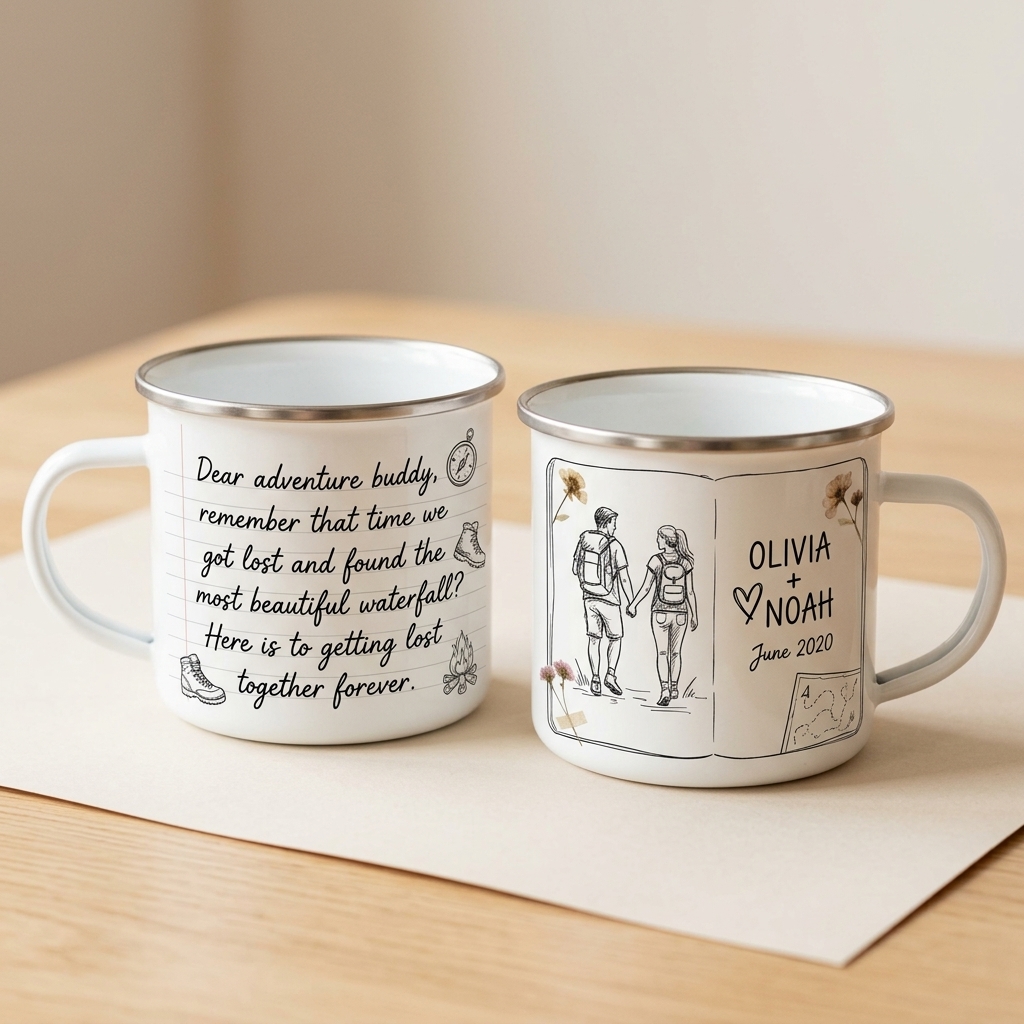 Personalized Adventure Buddy Enamel Mug Custom Couple Hiking Travel Cup Anniversary Wedding Gift For Husband Wife