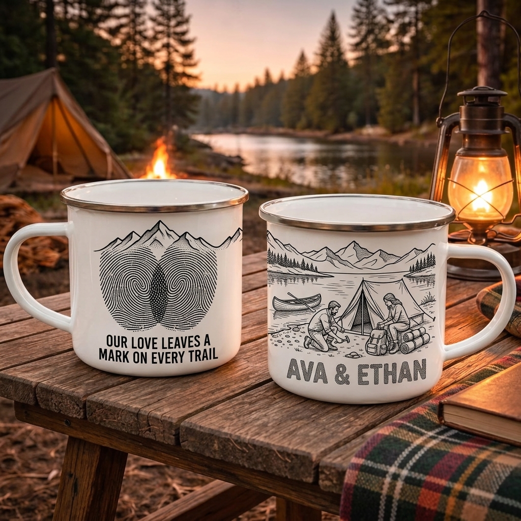 Personalized Couple Enamel Mug Custom Couple Hiking Travel Cup Anniversary Wedding Gift For Husband Wife