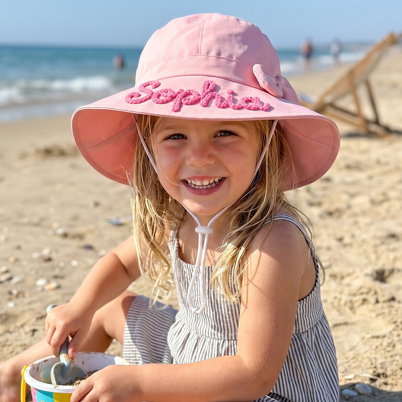 Personalized Embroidered Name Pastel Bucket Style Beach Pool Protection Adjustable Wide Brim Kids Sun Hat With Bow