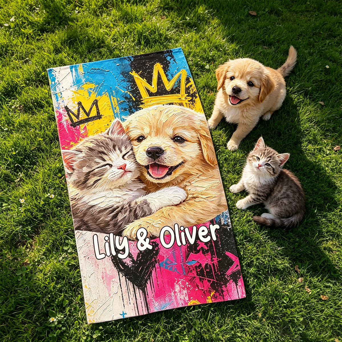 Personalized Oil Painting Pet Photo Beach Towel with Name Birthday Housewarming Gift for Pet Owners