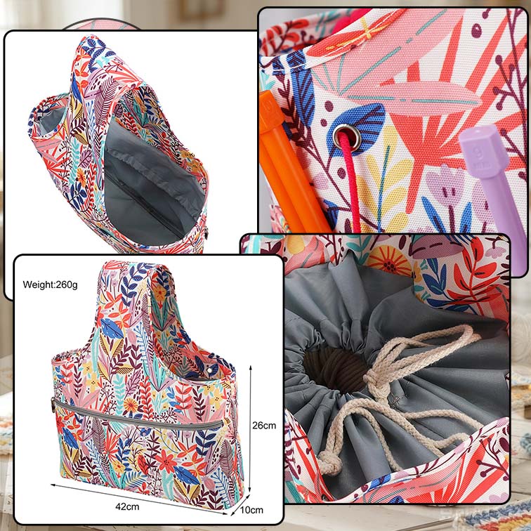 Knitted Wristlet with Drawstring Inner Pocket a Tote Bag Large Capacity Storage Bag for Knitted and Crochet Items with 3 Accessory Pockets