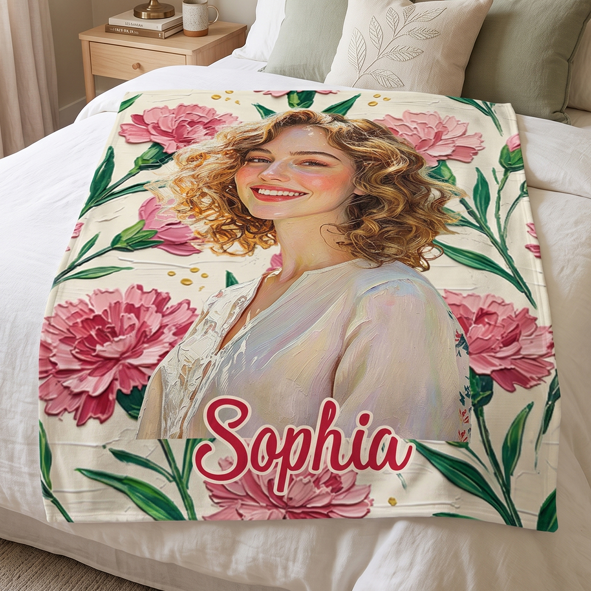 Personalized Birth Flower Flannel Blanket Oil Painting Style Custom Photo and Name Birthday Gift for Her