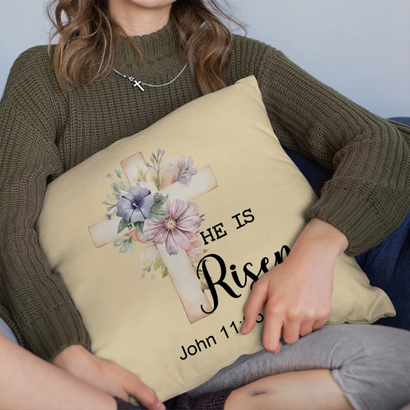 Personalized He Is Risen Bible Verse Birth Flowers Soft Throw Pillow Home Decor Religious Pillow Birthday Gift Easter Gift for Women Christians