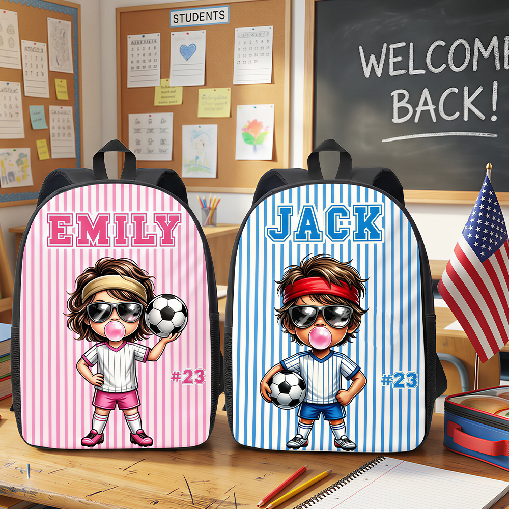 Personalized Stripes Cartoon Soccer Kid Character Backpack with Name Back to School Birthday Gift for Boys Girls