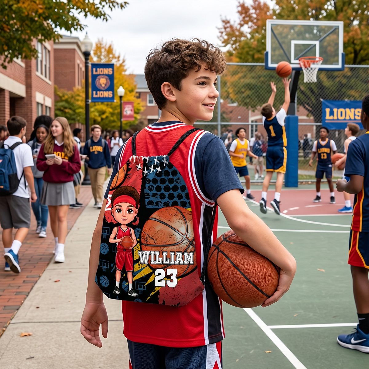 Personalized Cartoon Character Drawstring Storage Bag with Name and Number Back To School Gift for Basketball Lover Friends