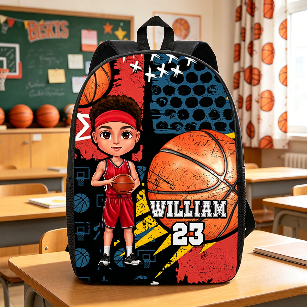Personalized Cartoon Character Backpack with Name and Number Back To School Gift for Basketball Lover Friends