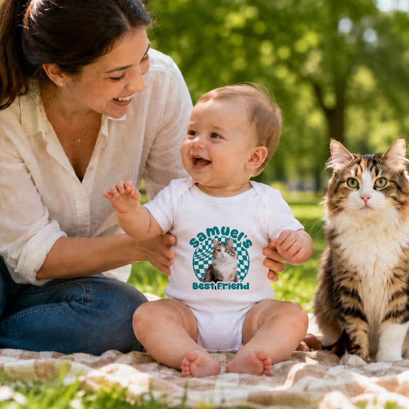 Personalized Best Friend Checkerboard Pattern Pet Photo 100% Cotton Baby Bodysuit with Name Baby Shower Birthday Gift for Daughter Son