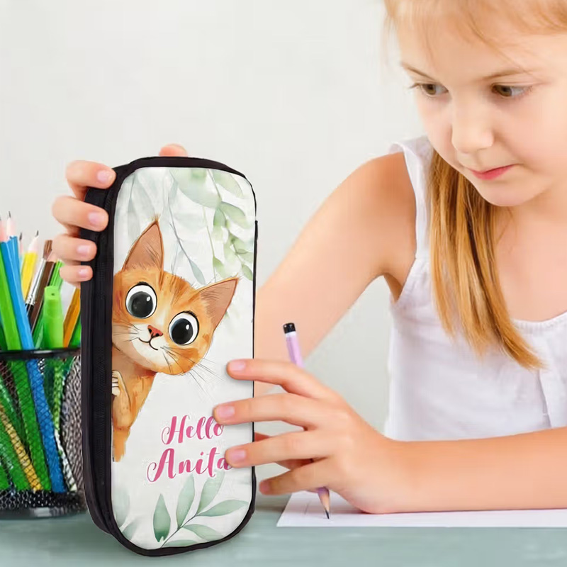 Personalized Cute Animal Says Hello Durable Pencil Case with Name Back to School Birthday Gift for Boys Girls Students
