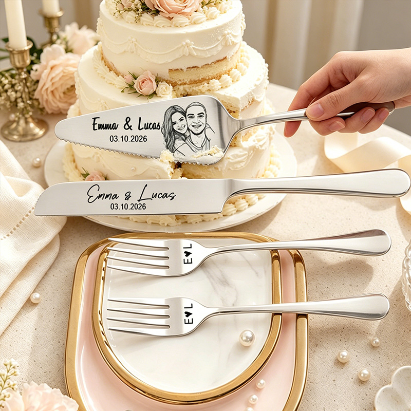 Personalized Wedding Cake Knife and Server Set Engraved Cake Cutting Utensils with Gift Box Couple Photo Face Wedding Cake Cutting Set Gift