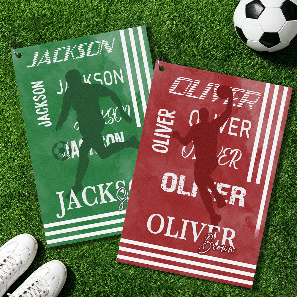 Personalized Watercolor Sports Player Silhouette Striped Sports Towel with Last Name and Name Gift for Sports Enthusiasts