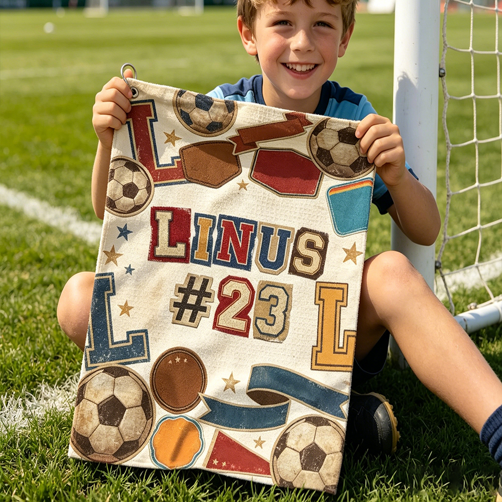 Personalized Vintage Soccer Towel Custom Name Retro Soccer Print Sports Hand Towel with Carabiner Hook Gift for Soccer Player
