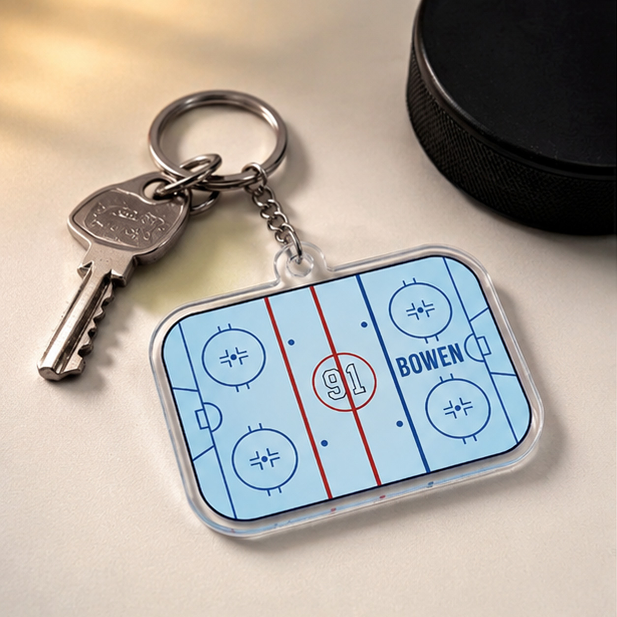 Personalized Ice Hockey Rink Keychain – Custom Name & Jersey Number Gift for Hockey Players and Fans