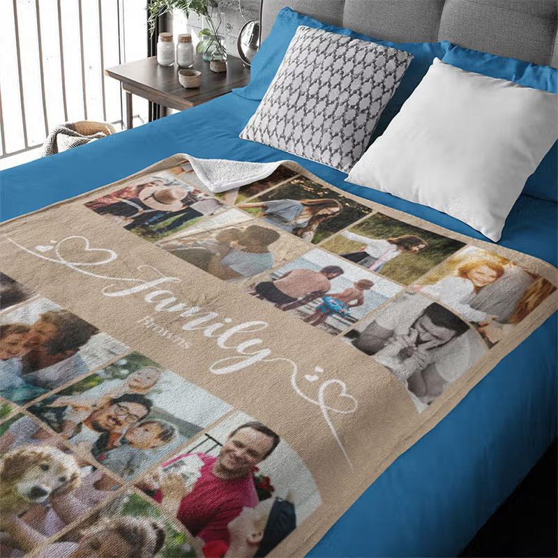 Personalized Multicolor 16 Photos Collage Soft Family Throw Blanket with Name Birthday Christmas Home Decoration Gift for Family