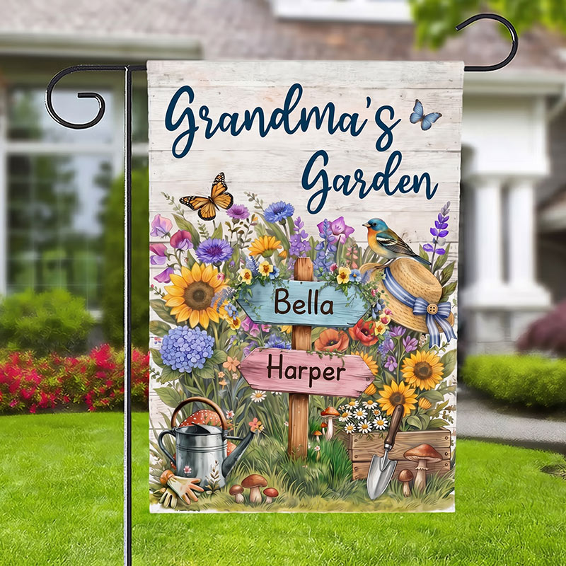 Personalized Butterfly Floral Vegetable Garden Flag with 1-8 Names and Nickname Balcony Outdoor Decor Birthday Anniversary Gift for Family Gardener