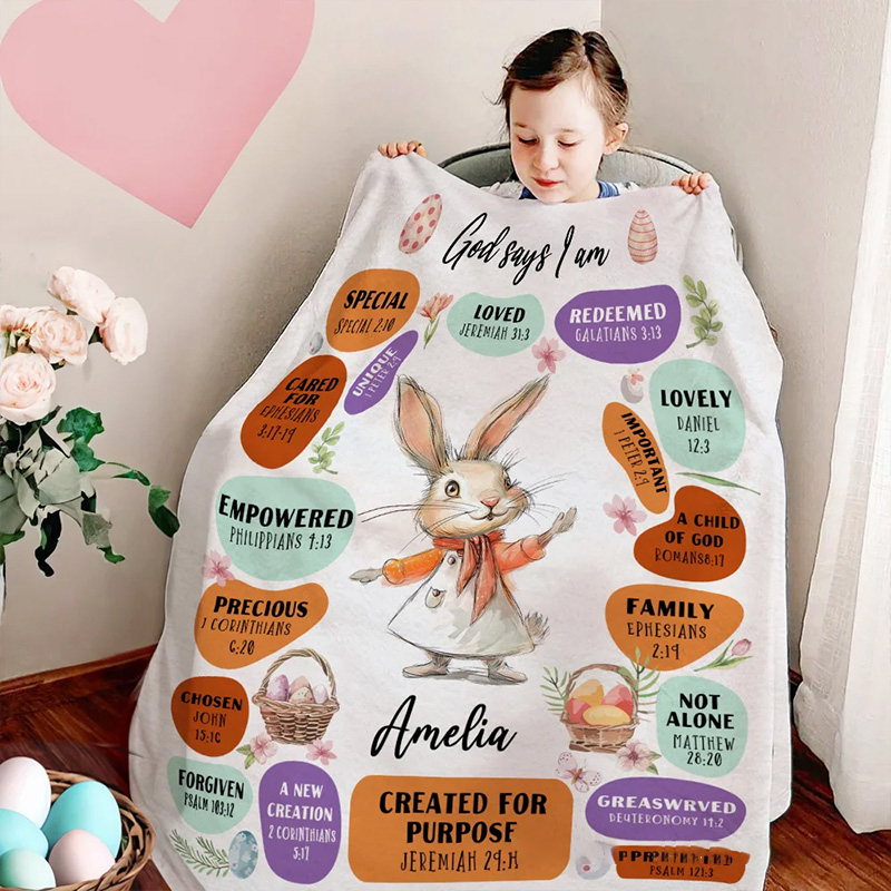 Personalized God Says I Am Dream Job Bunny Soft Throw Blanket with Name Home Decor Birthday Gift Easter Gift for Kids 