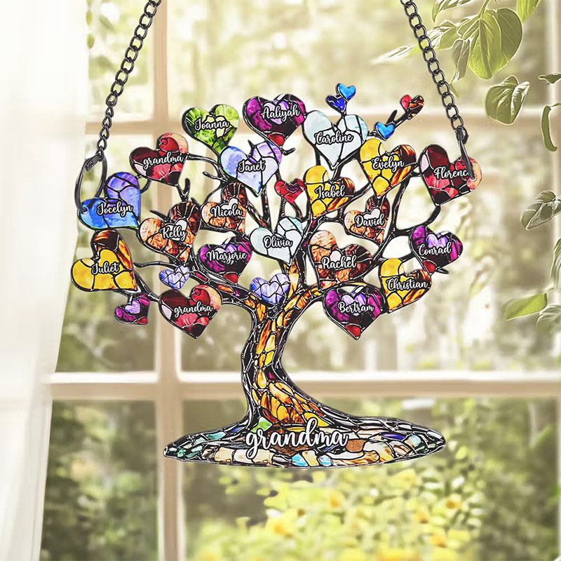 Personalized Glass Art Heart Family Tree Oil Acrylic Ornament with 2-15 Names and Text Home Decor Mother's Day Birthday Gift for Woman Mom Grandma