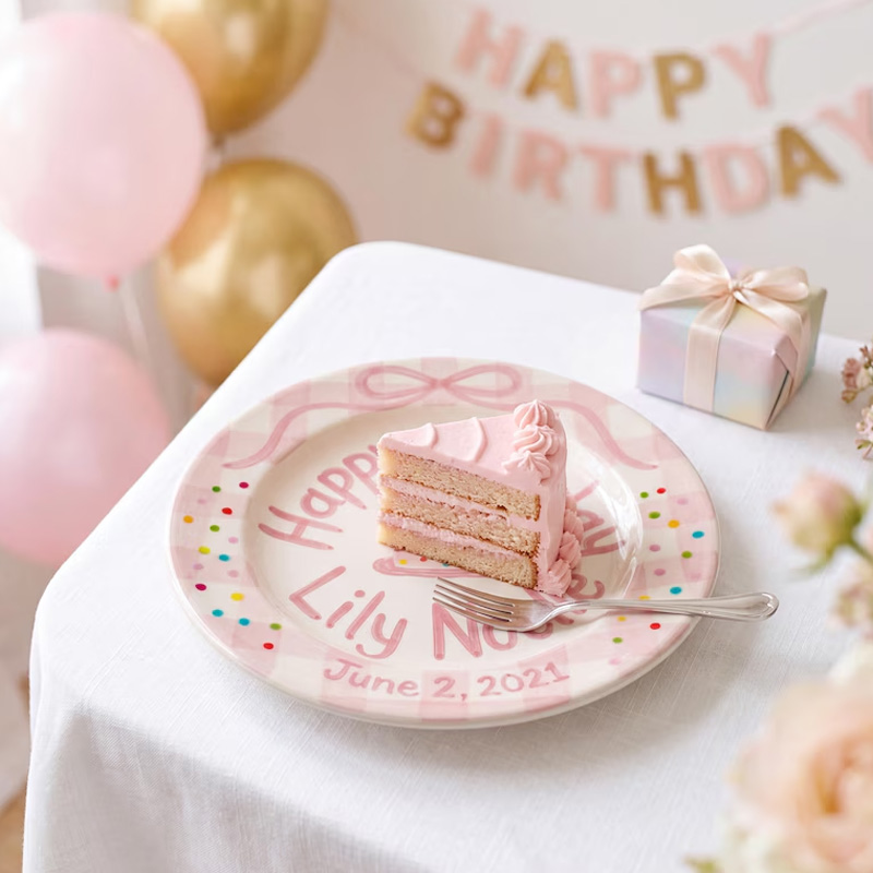 Personalized Pink Birthday Cake Bow Confetti Cute Kids Keepsake Nursery Table Display Ceramic Plate Design