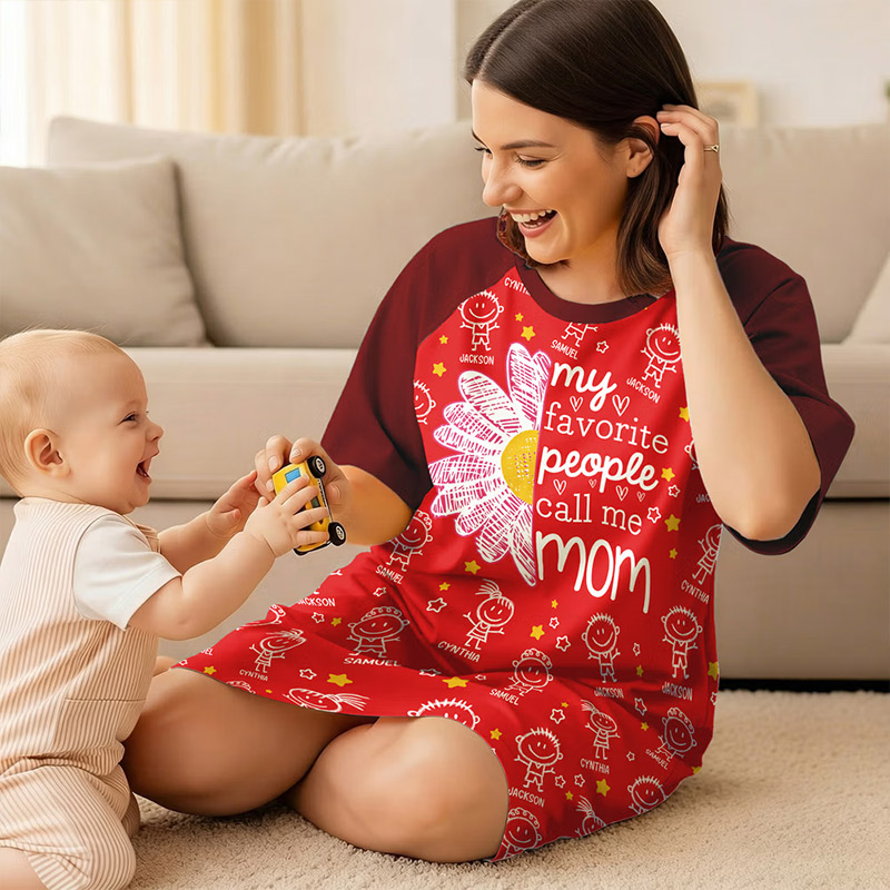 Personalized 1-12 Cartoon Line Art Kids Nightgown with Names and Side Pocket Daily Wear Mother's Day Birthday Gift for Grandma Mom