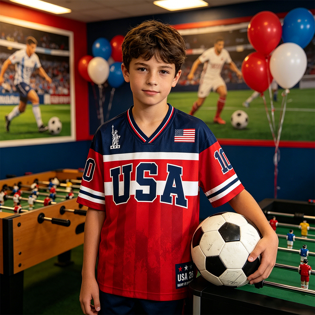 Personalized USA 26 Soccer Kids Mesh Jersey Bold Red White & Blue Heart of Champions for USA Fans