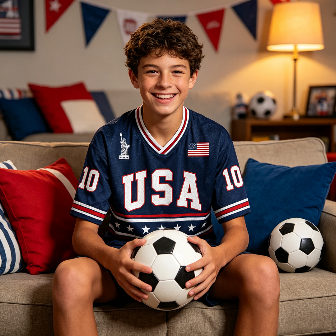Personalized USA 26 Soccer Kid Mesh Jersey – Heart of Champions Navy Stars Edition