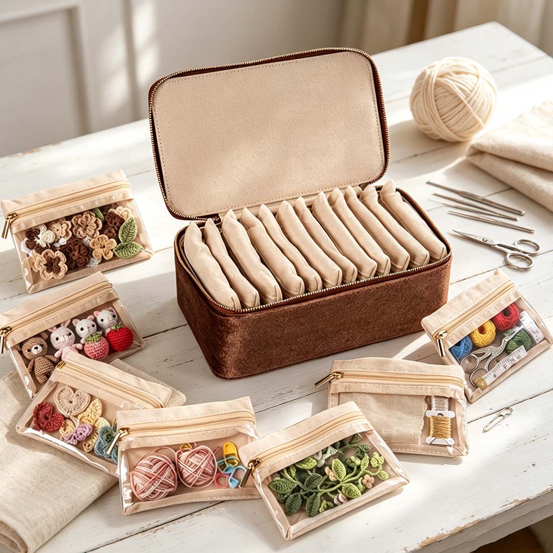 Personalized Plush Velvet Knitting Crochet Notions Case Box Portable Storage Box Section Stitch Markers Custom Name with Birth Flower
