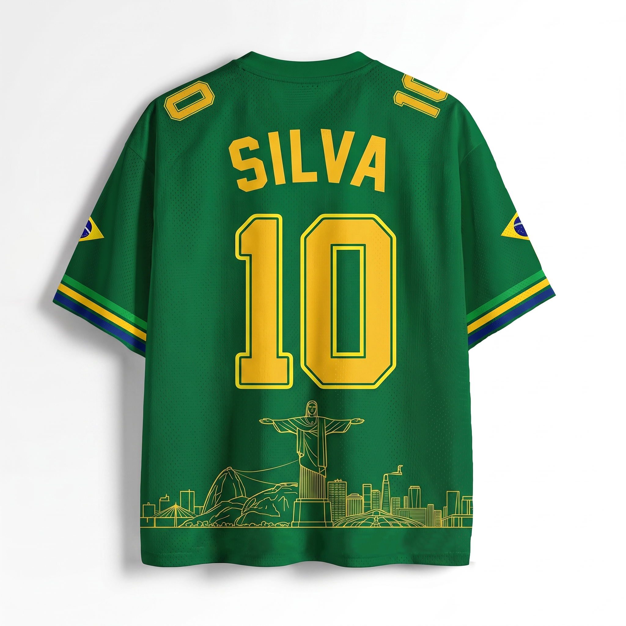 Personalized Rio Brazil Soccer Mesh Jersey  Green Soccer Shirt with City Skyline Christ the Redeemer Graphic and Custom Name
