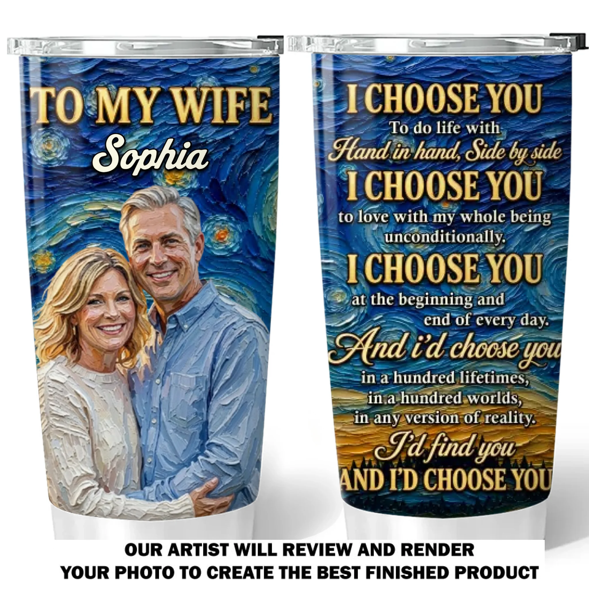 Personalized Custom Photo Tumbler Gift for Wife Couple Photo Gift Idea Anniversary Gift for Wife from Husband Oil Painting Style Tumbler with Photo and Name