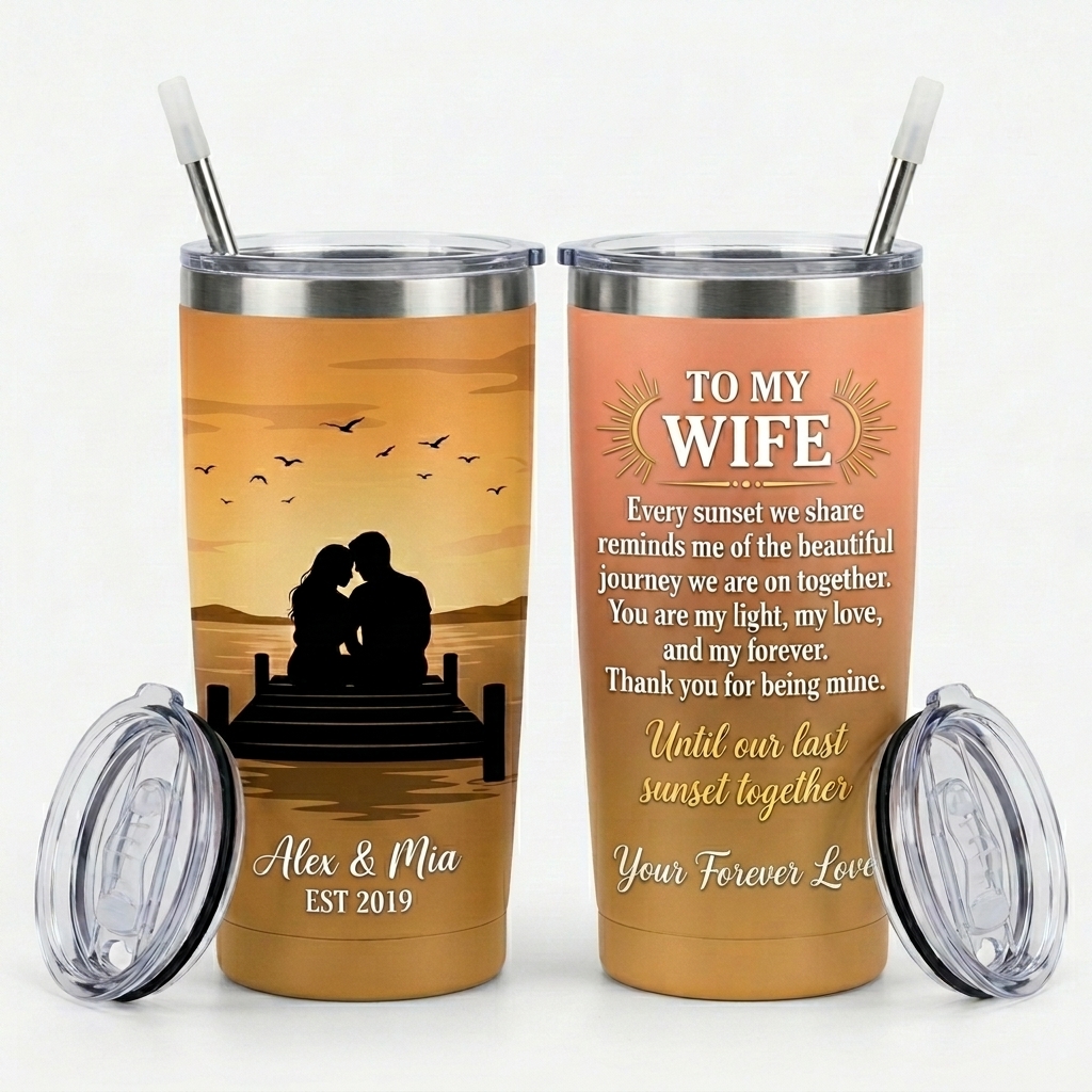 Personalized to Wife Tumbler Customized Couple Silhouettes with Names Sunset Glow Love Tumbler 20OZ Tumbler with Name Gift for Her Couple Matching Tumbler