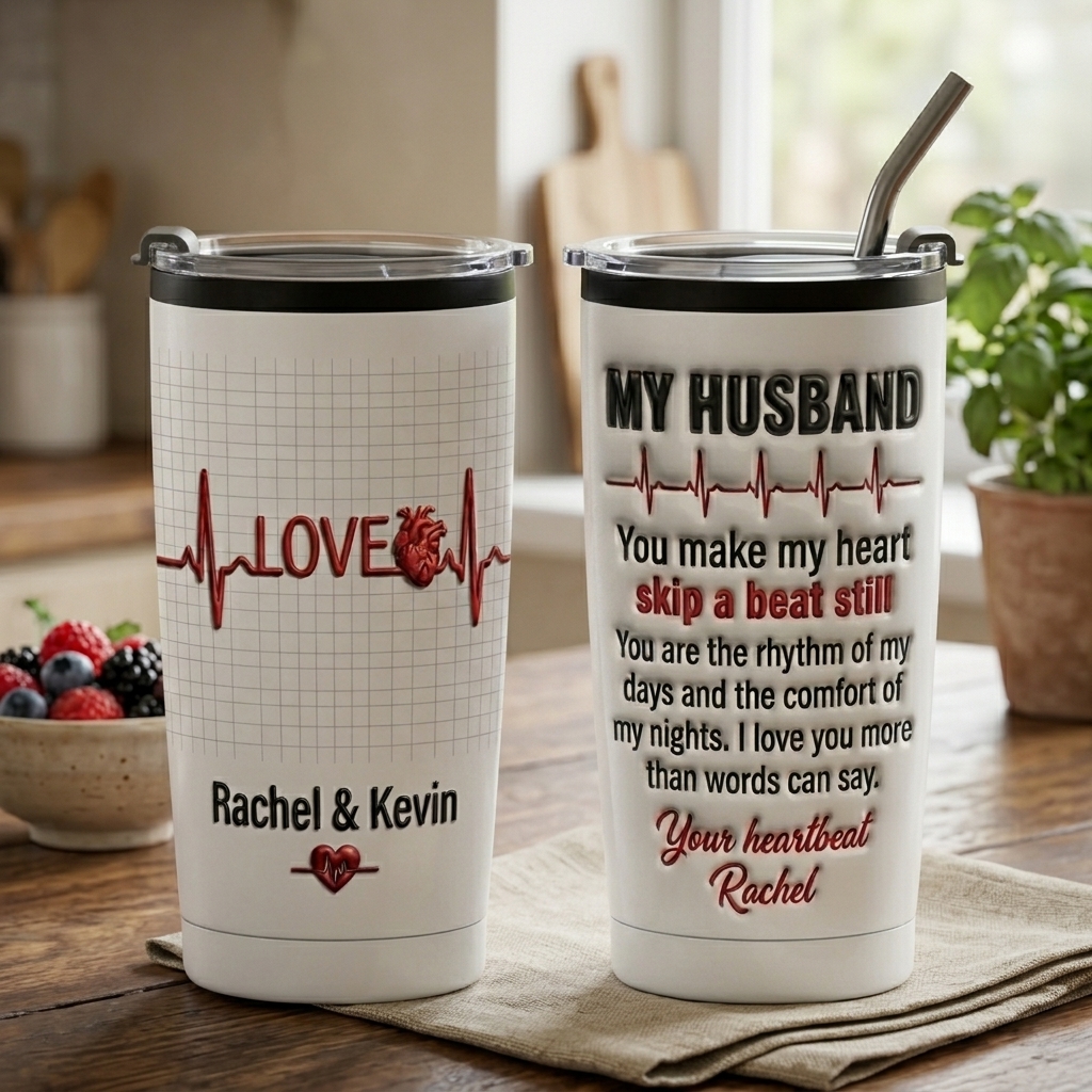Personalized Love Heartbeat Tumbler for Husband Anniversary Gift for him Couple Name Tumbler 20OZ Stainless Steel Tumbler
