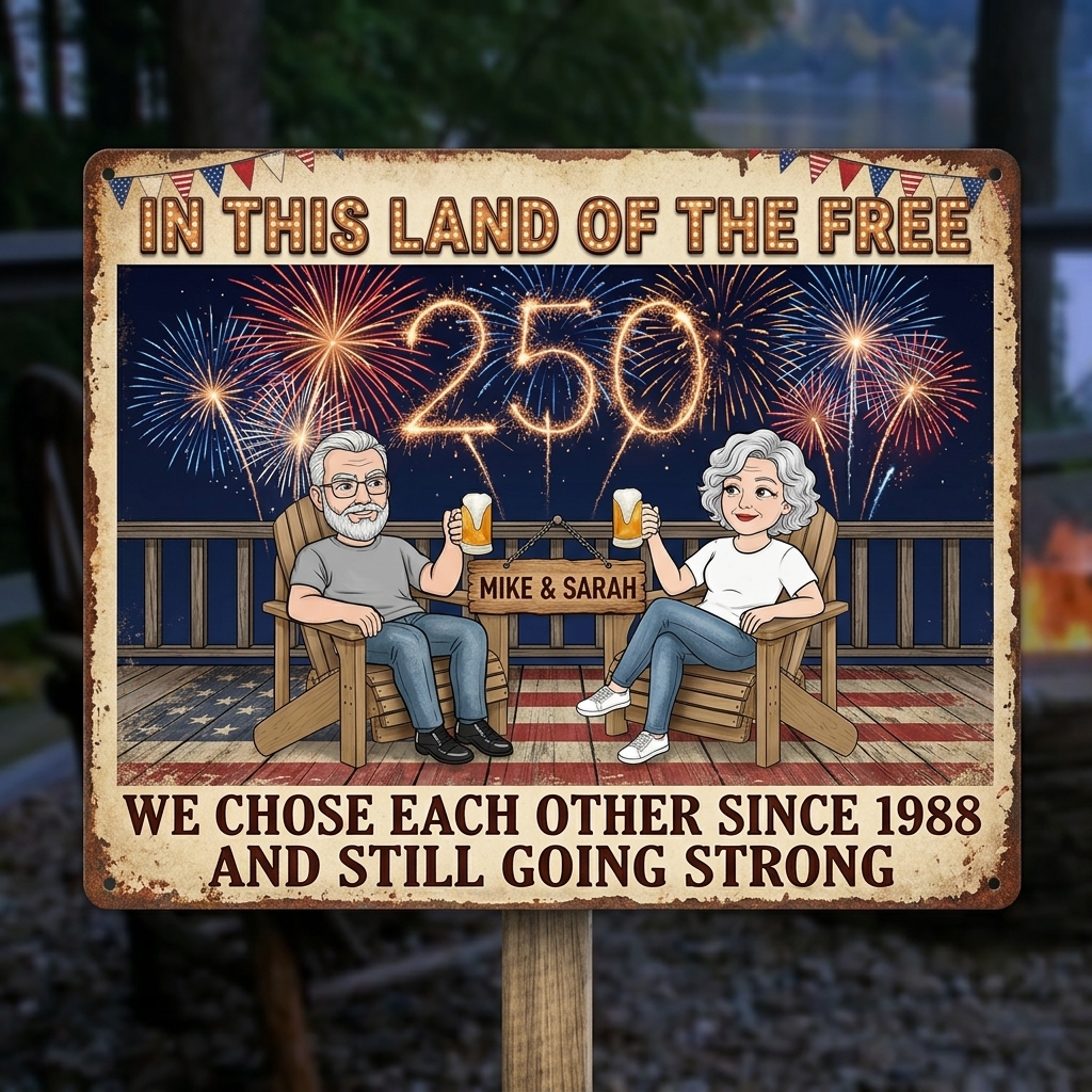Personalized Cartoon Couple Metal Sign United States Of America 250th Anniversary Couple Backyard Sign Personalized Custom Classic Metal Signs 