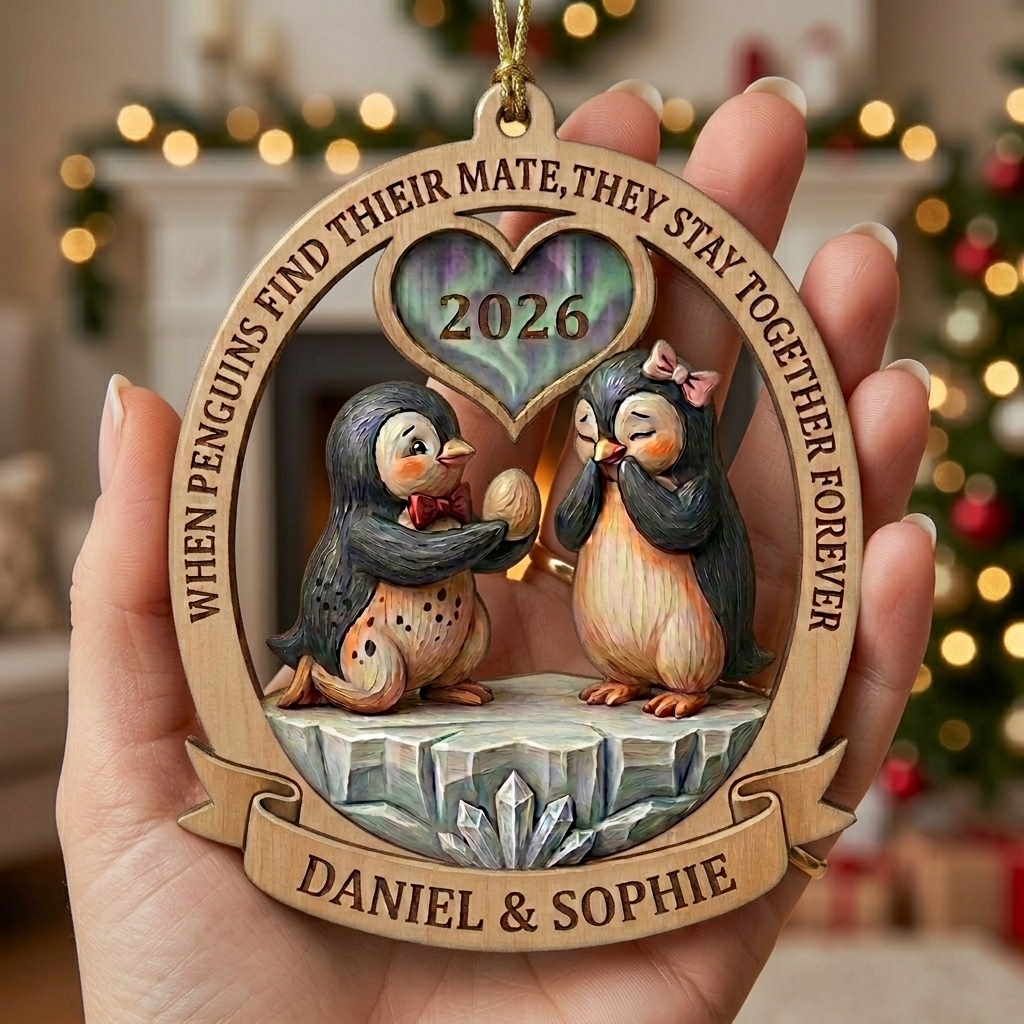 Personalized Penguin Couple Christmas Ornament 2026 Wedding Couple Ornament Custom Names Acrylic Tree Ornament For Newlyweds Couple Gift